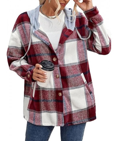 Womens Hooded Shacket Jacket Oversized Casual Flannel Plaid Wool Blend Button Down Shirt Coat Jackets Wine Red $20.64 Coats