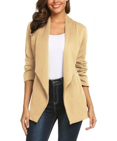 Blazer Jackets for Women Long Sleeve Open Front Business Casual Outfits Work Suit Jackets with Zipper Pockets S-XXL Light Kha...