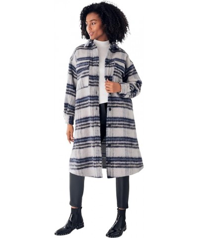 Women's Plus Size Wool Blend Long Shirt Jacket Oversized Shacket Heather Grey Blue Plaid $44.45 Coats