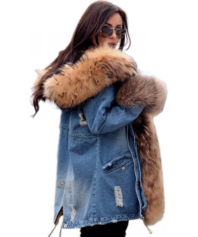 Plus Size Women's Long Hooded Parka Coat Warm Denim Winter Overcoat Faux Fur Collar Qulited Jacket Classic Denim $45.62 Coats